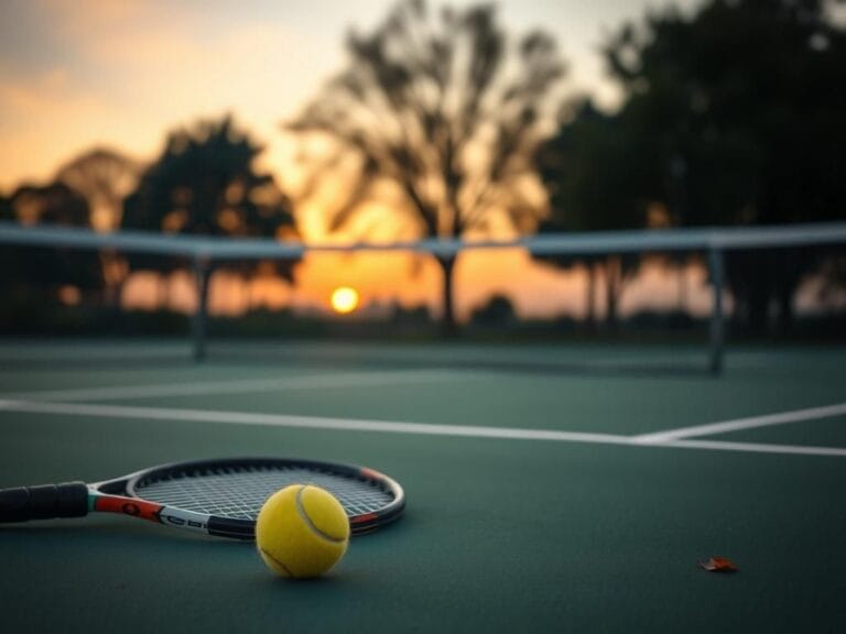 Flick International A serene tennis court at dusk with a tennis racket and ball symbolizing resilience