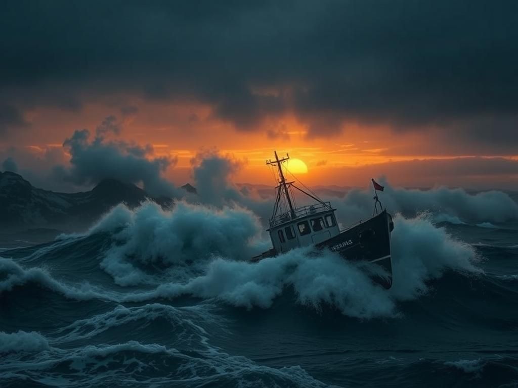 Flick International A rugged fishing boat battling tumultuous waves in the Bering Sea during a moody sunset.