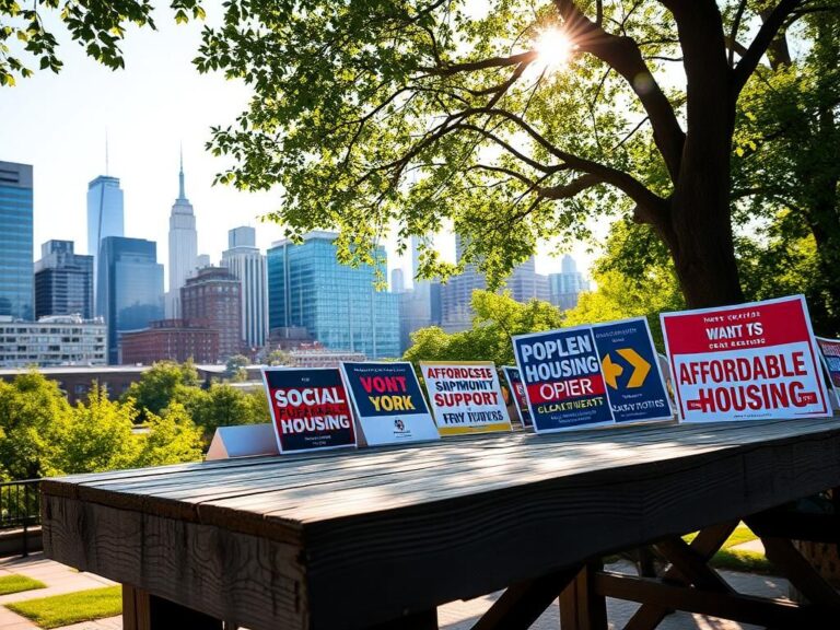 Flick International Close-up view of New York City's iconic skyline with campaign posters promoting social justice themes