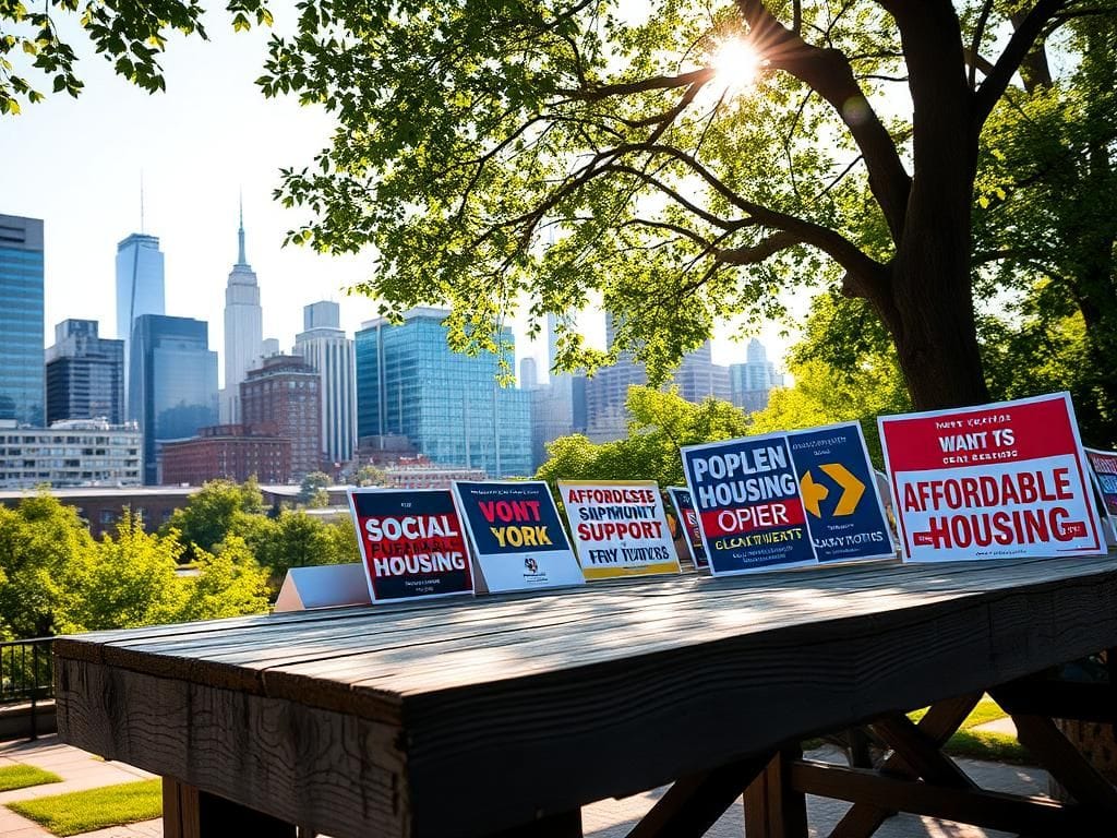 Flick International Close-up view of New York City's iconic skyline with campaign posters promoting social justice themes