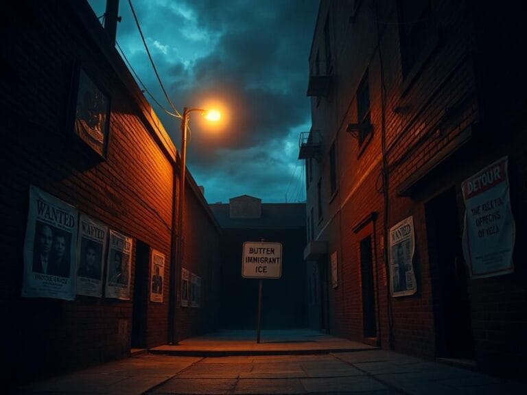 Flick International A dark alleyway illuminated by a flickering streetlight, symbolizing immigration enforcement conflicts