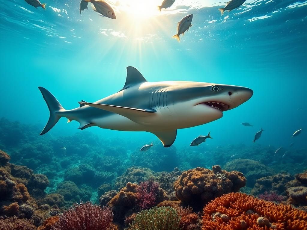 Flick International A bull shark swimming gracefully near a vibrant coral reef off the Florida coast