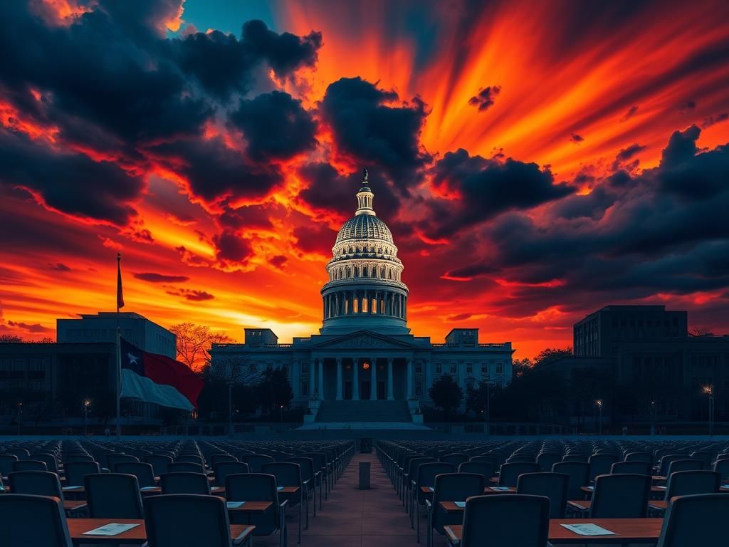 Flick International Dramatic sunset over Texas State Capitol with storm clouds
