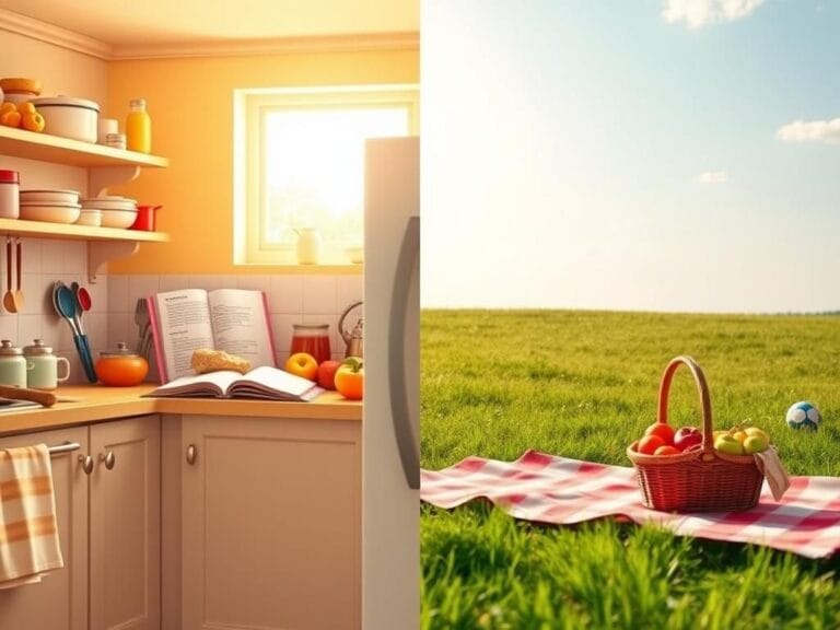 Flick International Cozy kitchen scene with colorful ingredients and a bright picnic setup in a sunny field