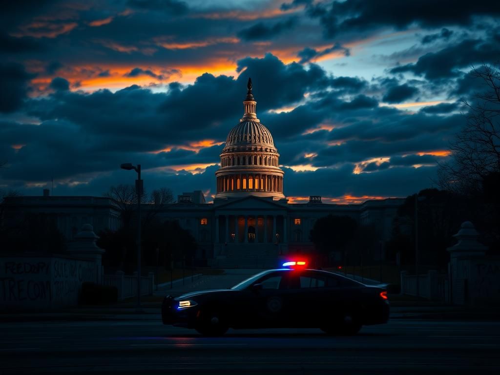 Flick International Dramatic urban scene featuring the Washington D.C. skyline at twilight with a police car and graffiti