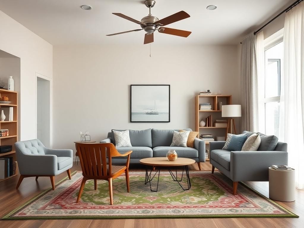 Flick International Stylish living room interior featuring a mid-century modern velvet sofa in muted gray