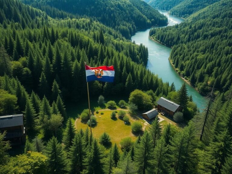 Flick International A scenic landscape of the Free Republic of Verdis, showcasing its lush forest and vibrant flag along the Danube River.