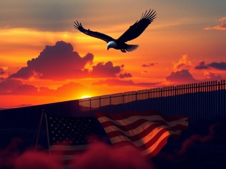 Flick International An eagle soaring above clouds at sunset with a border wall silhouette below