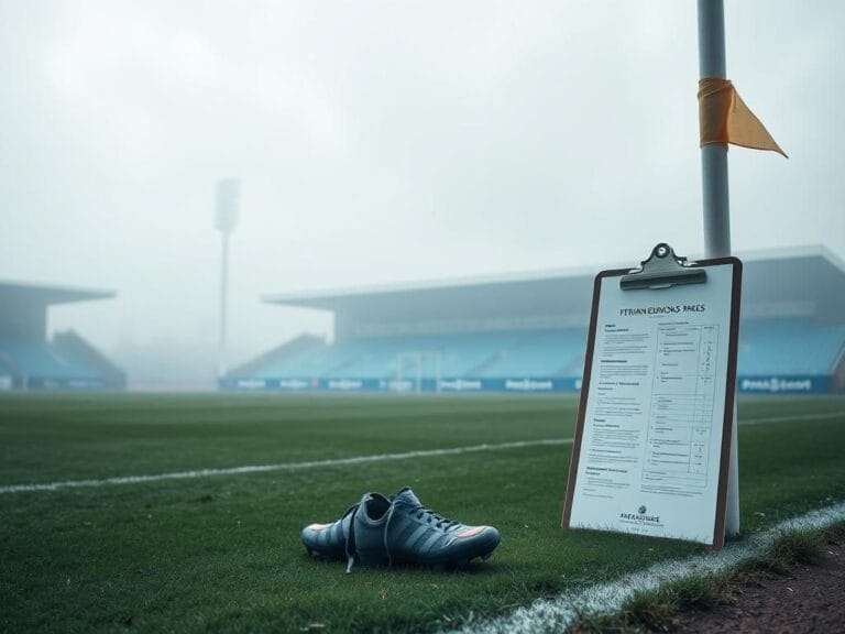 Flick International Misty football pitch at Birmingham City FC's St. Andrew's Stadium with worn field and empty soccer shoes