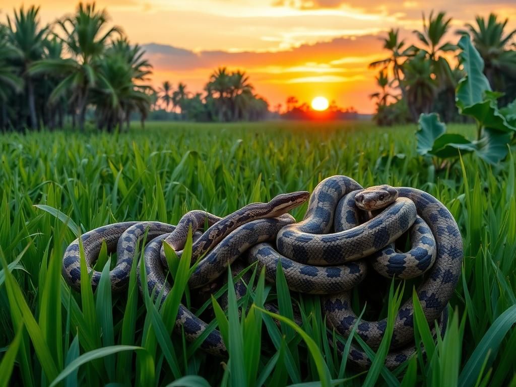 Flick International A vibrant sunset over the Florida Everglades with intertwined Burmese pythons in the foreground