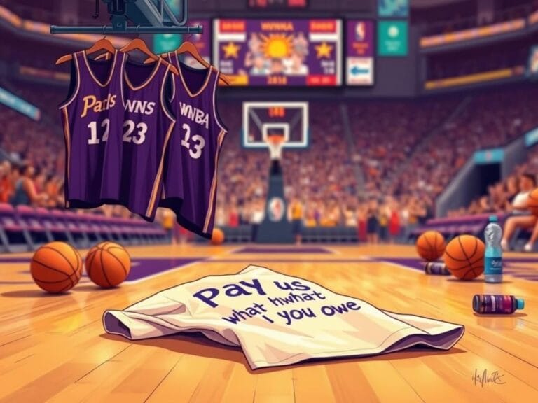 Flick International A vibrant basketball court with unused WNBA jerseys and a crumpled t-shirt symbolizing player negotiations