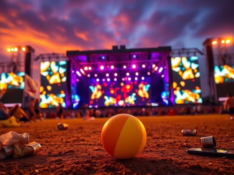 Flick International A vibrant concert scene at dusk with colorful lights and a deflated beach ball on stage