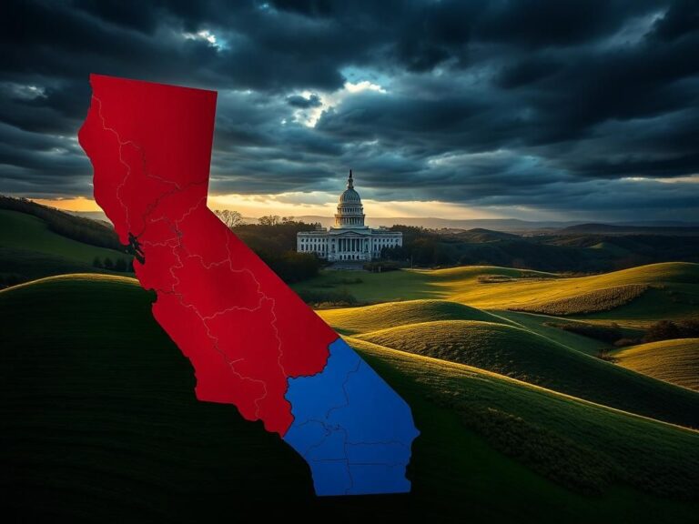 Flick International A cracked California map highlighting gerrymandering lines in red and blue colors