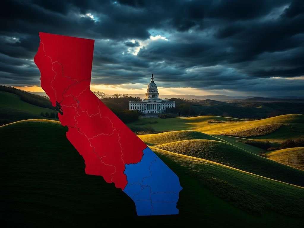 Flick International A cracked California map highlighting gerrymandering lines in red and blue colors