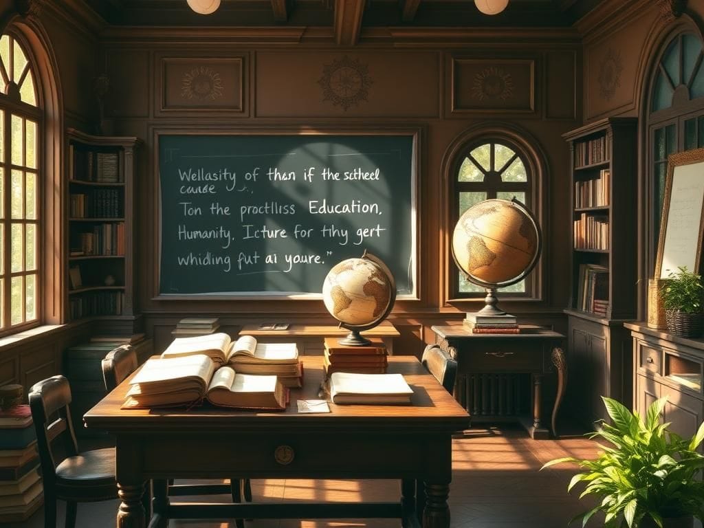 Flick International Tranquil classroom setting with classic books, scrolls, and quills