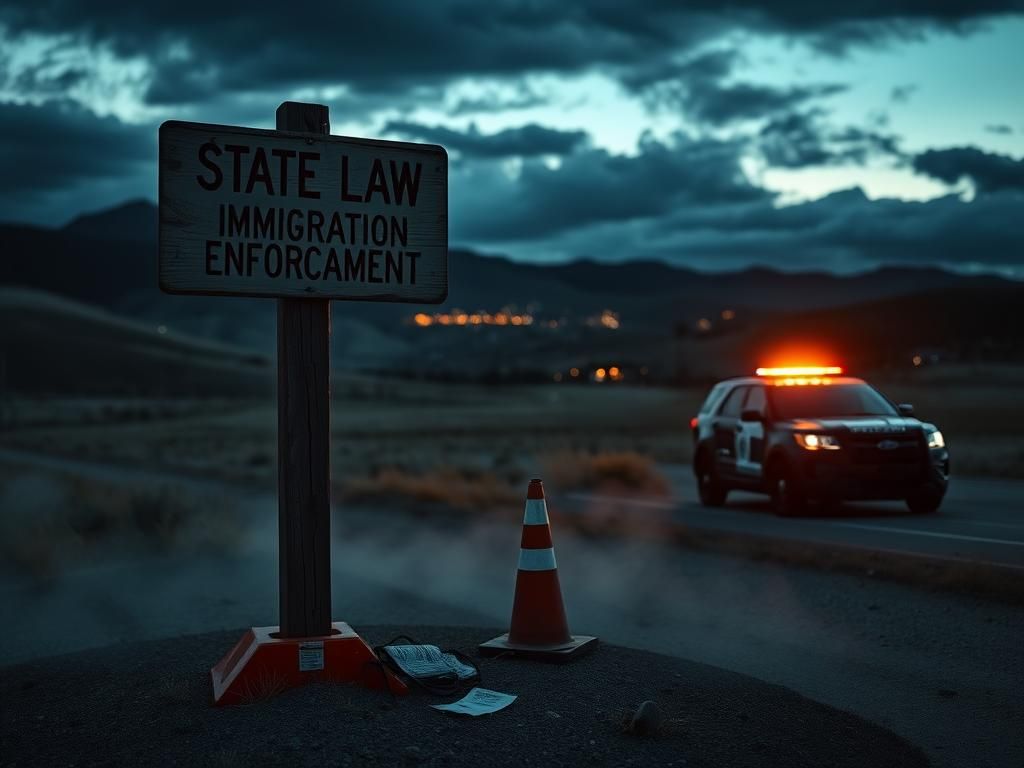 Flick International Dimly lit Colorado landscape at dusk highlighting a weathered signpost on state law and immigration enforcement