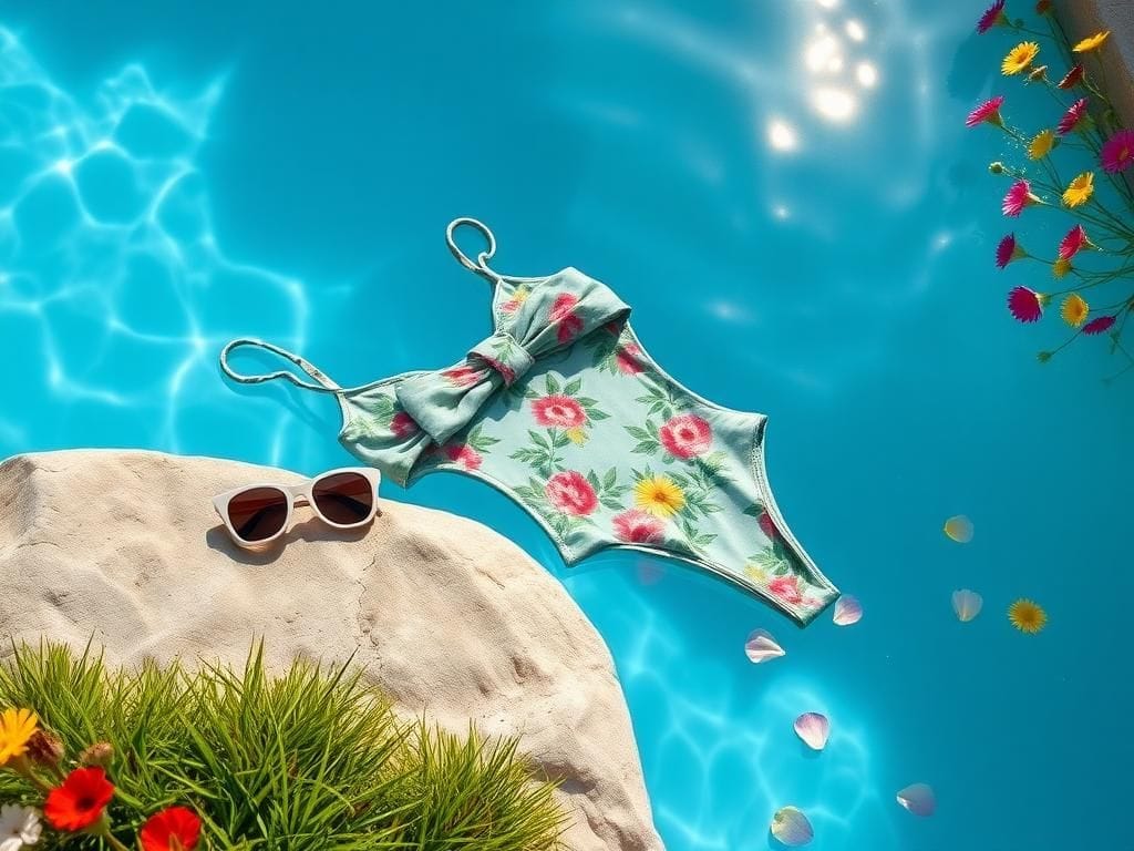 Flick International Claudia Schiffer in a floral swimsuit by a summer ice plunge pool