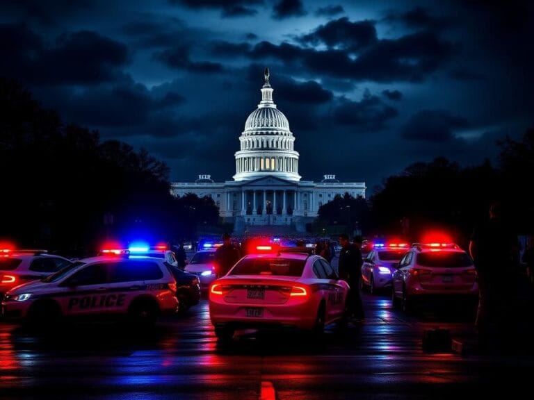 Flick International Police vehicles with flashing lights near the United States Capitol during a federal law enforcement operation