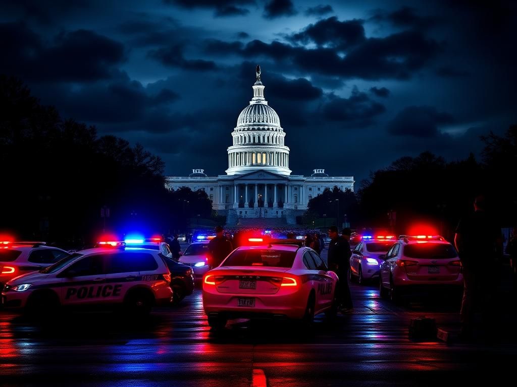Flick International Police vehicles with flashing lights near the United States Capitol during a federal law enforcement operation