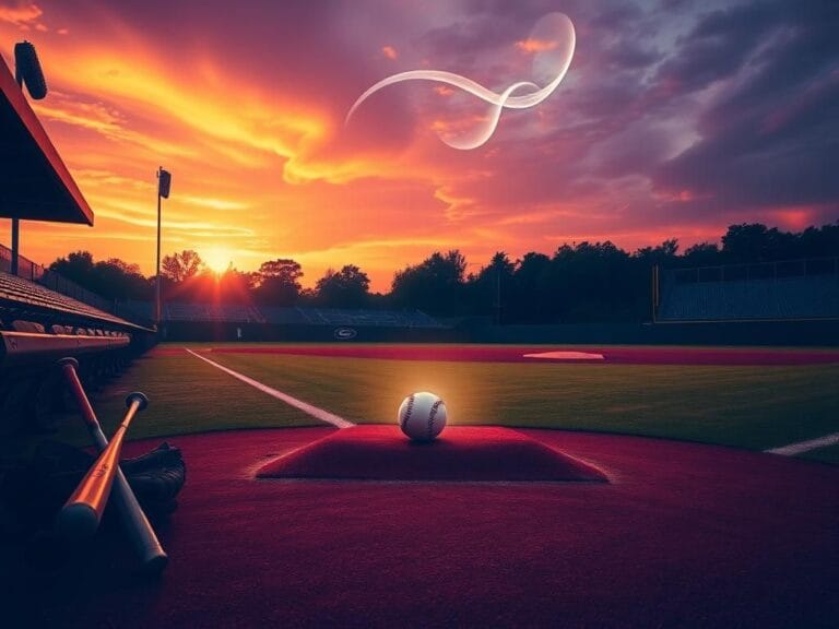 Flick International Empty baseball dugout with bats and gloves under a dramatic sunset sky