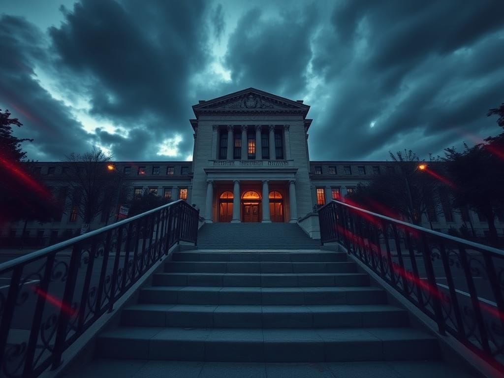 Flick International Exterior view of E. Barrett Prettyman Federal Courthouse in Washington D.C. against a moody evening sky
