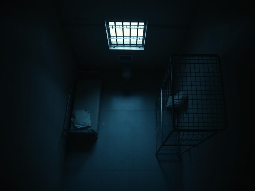 Flick International Dimly lit maximum security prison cell showing isolation and confinement