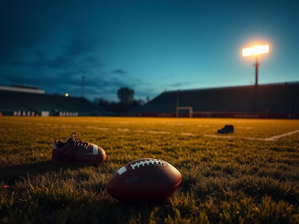 Flick International A solitary football on a worn football field at dusk, symbolizing the end of an NFL career.