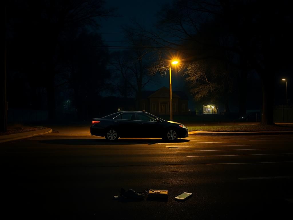 Flick International Dimly lit urban street at night with an empty Uber vehicle, symbolizing isolation and danger.