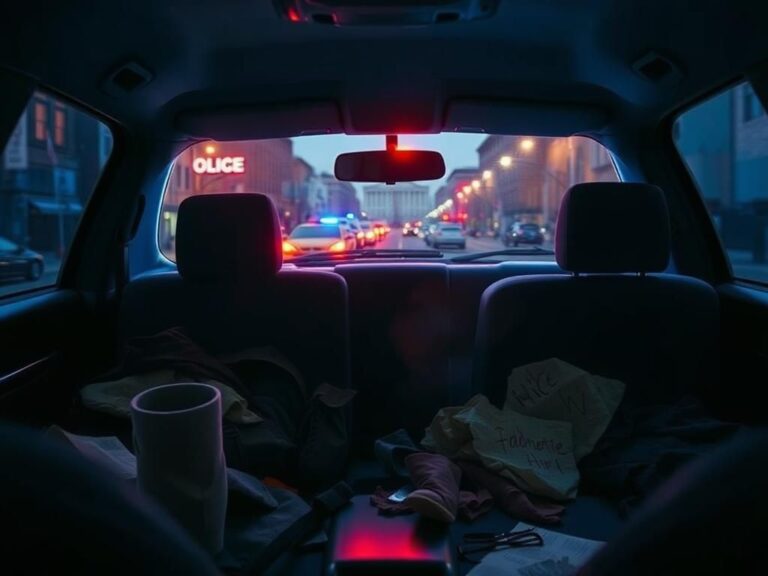 Flick International Chaotic scene inside a police patrol car with scattered personal items