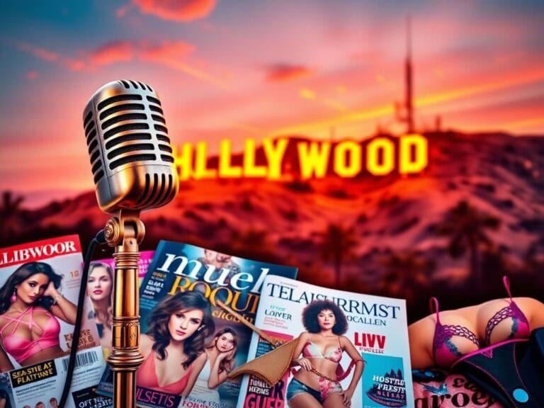 Flick International Vintage microphone surrounded by colorful magazine covers representing Hollywood entertainment