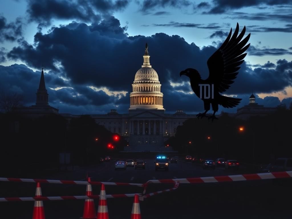 Flick International Dramatic cityscape of Washington D.C. at dusk with Capitol building silhouette and storm clouds