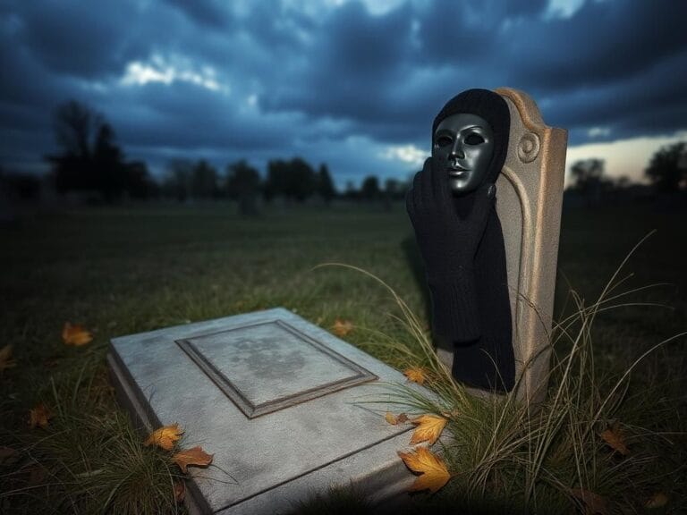 Flick International Mysterious scene of a Detroit cemetery with gloves and ski mask