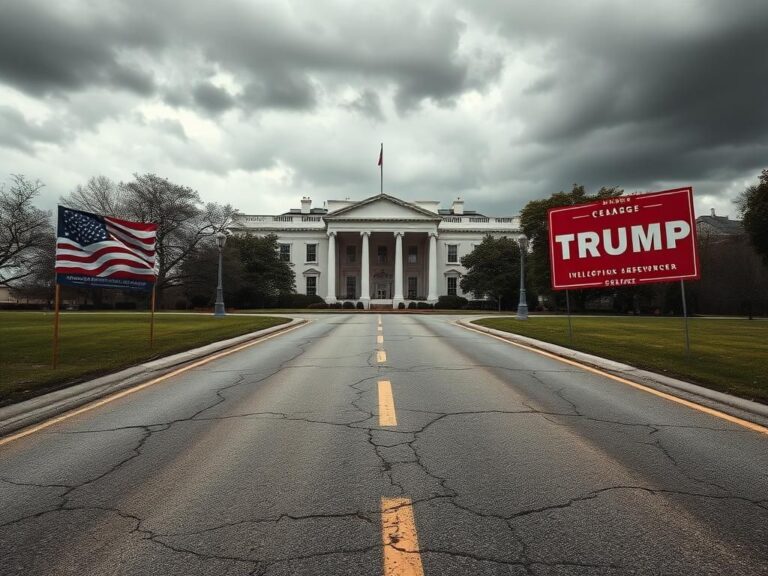 Flick International A weathered road leading to the White House under dark clouds, symbolizing political uncertainty.