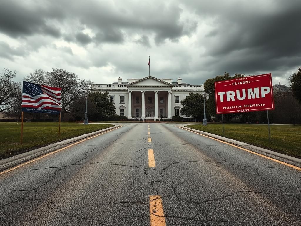Flick International A weathered road leading to the White House under dark clouds, symbolizing political uncertainty.