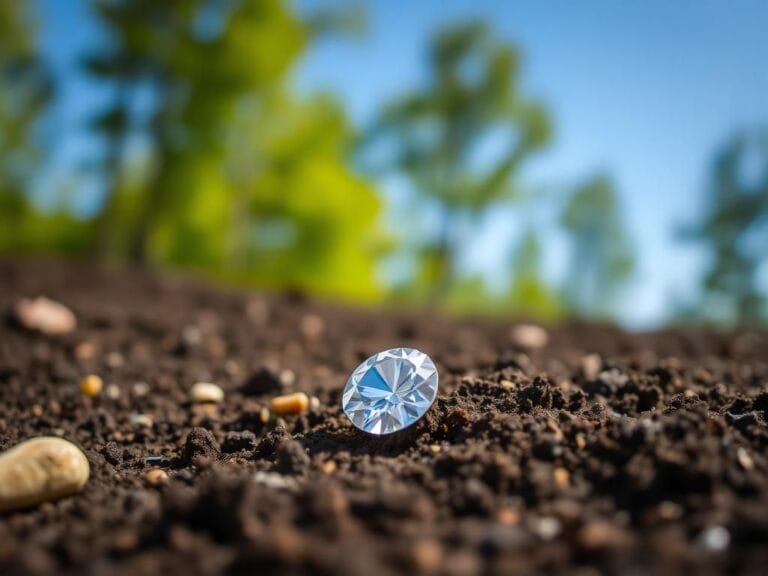 Flick International Close-up of a sparkling 2.3-carat white diamond resting in dark soil with small stones