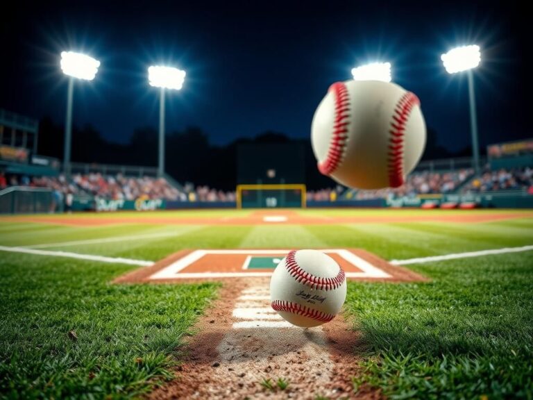 Flick International Baseball in mid-air during a Little League game under stadium lights
