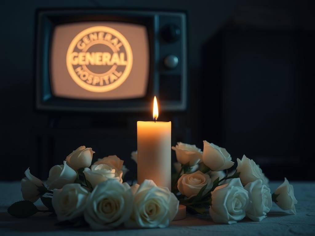 Flick International A lit candle surrounded by white roses in remembrance of Tristan Rogers, 'General Hospital' star.