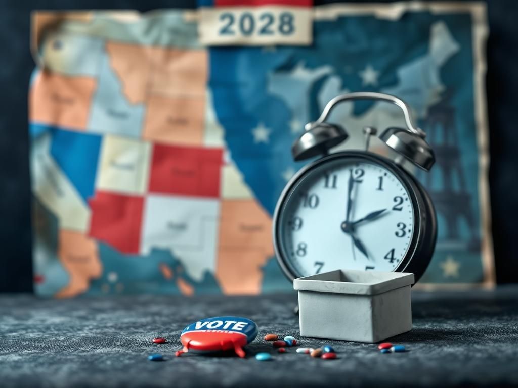 Flick International A political-themed collage representing the tension and uncertainty of the 2028 election landscape