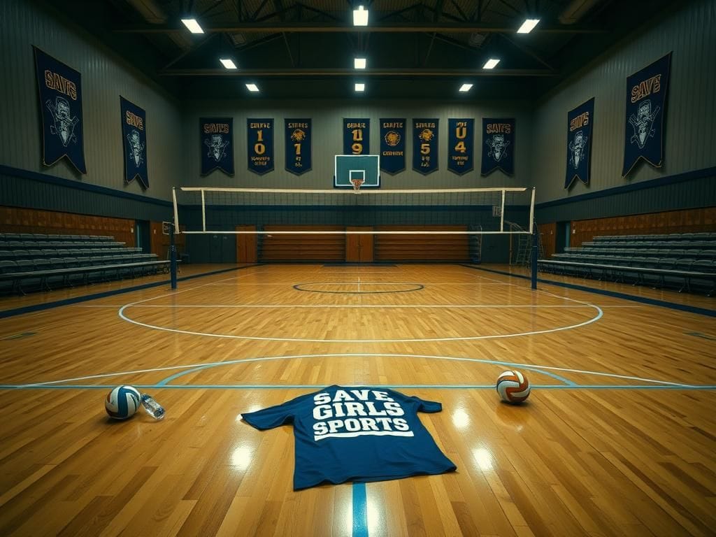 Flick International A high school volleyball court in California with an empty gymnasium and a volleyball net, reflecting the atmosphere of controversy over transgender athlete inclusion.