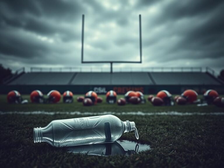 Flick International A dramatic NFL training field scene with empty practice equipment and an overcast sky.