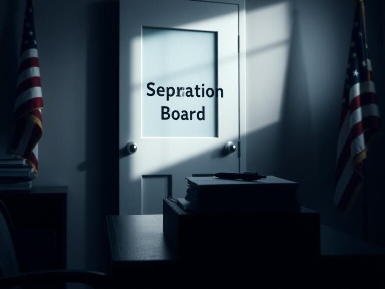 Flick International A somber military office setting with a closed door labeled 'Separation Board' indicating confidentiality in decision-making.