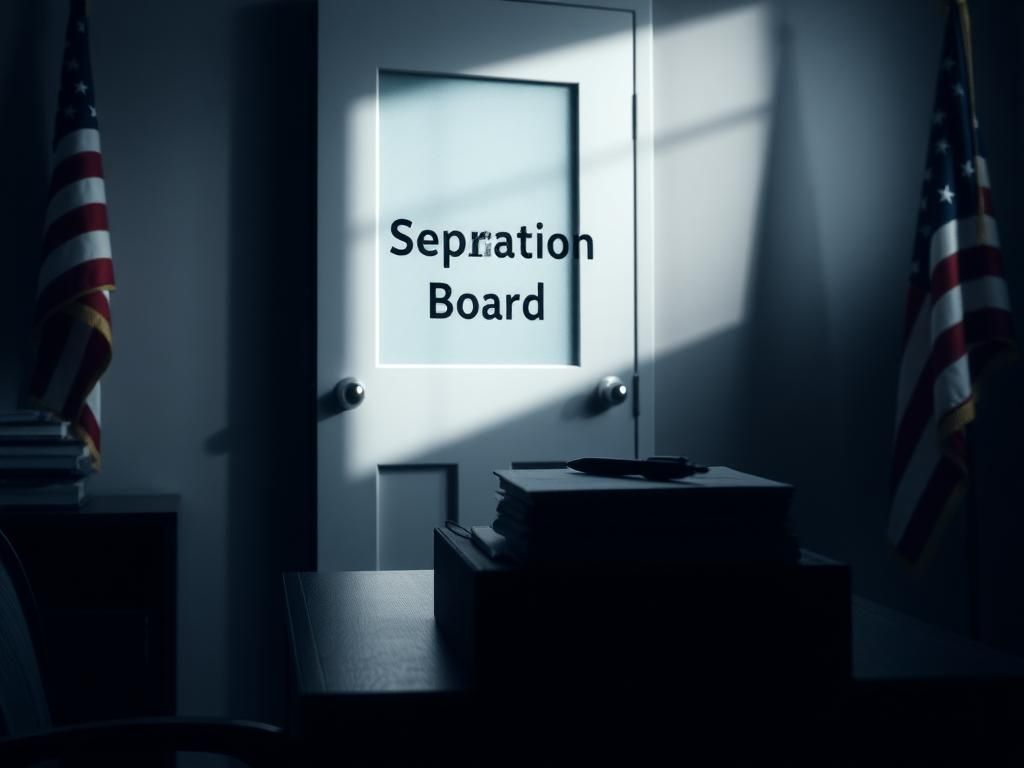 Flick International A somber military office setting with a closed door labeled 'Separation Board' indicating confidentiality in decision-making.