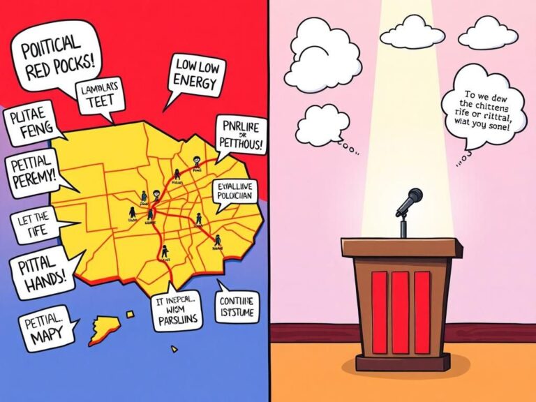 Flick International Playful satirical depiction of a political mockery scene featuring an oversized map and a stylized podium.