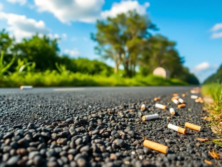 Flick International Close-up view of a newly paved road surface made from recycled asphalt and ground-up cigarette butts