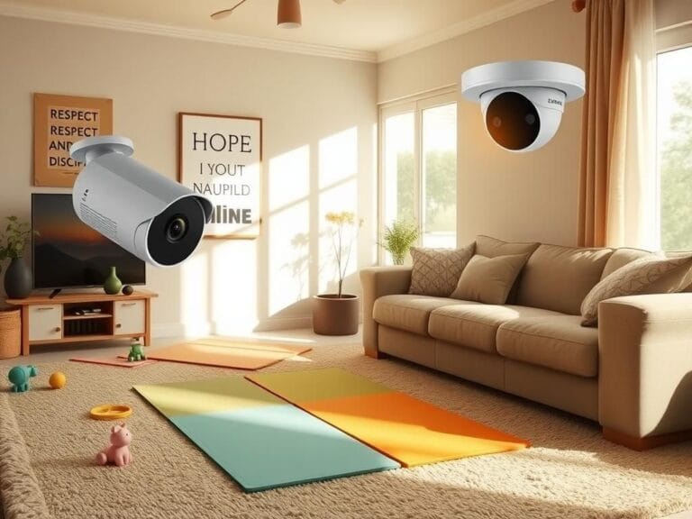 Flick International Cozy living room featuring a large security camera and children's exercise mats, capturing family life ambiance.