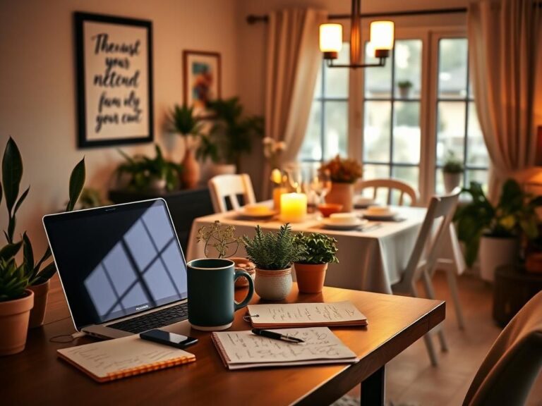 Flick International Cozy home office setup with laptop, coffee mug, and motivational quote surrounded by plants