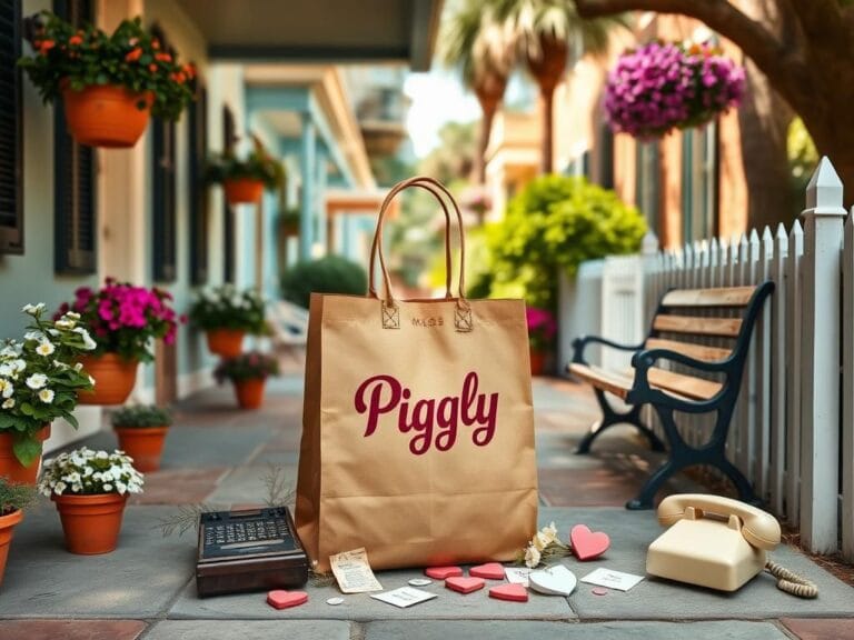 Flick International A vintage Piggly Wiggly grocery bag on a charming porch in Charleston.