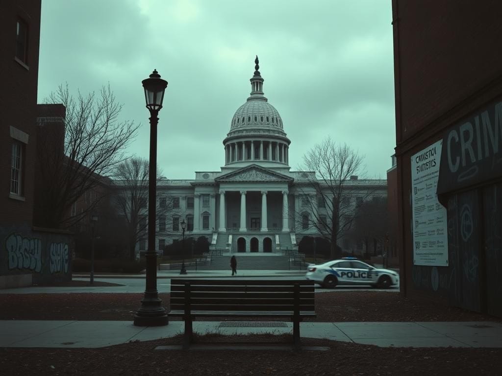 Flick International Urban landscape of Washington, D.C. with historic government building and shadowy alleys