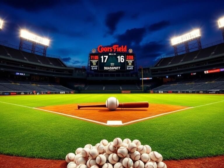 Flick International A vibrant scene of an empty baseball diamond at Coors Field under stadium lights, with home plate featuring a baseball bat and ball.