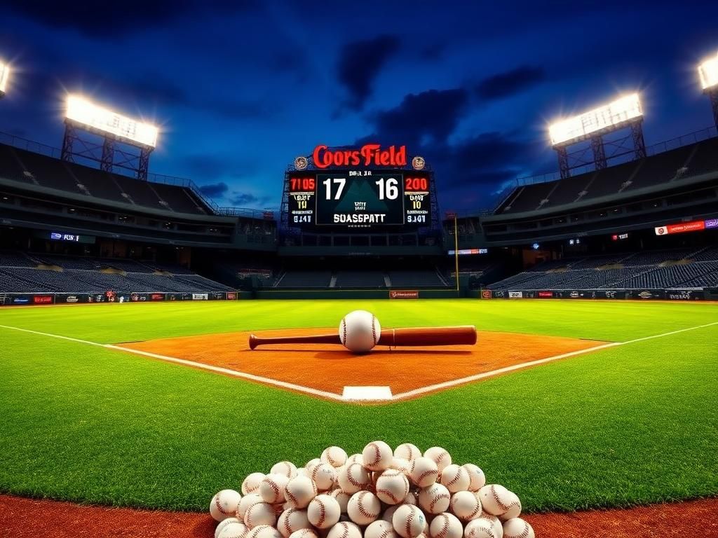 Flick International A vibrant scene of an empty baseball diamond at Coors Field under stadium lights, with home plate featuring a baseball bat and ball.